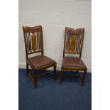 A PAIR OF EARLY 20TH CENTURY OAK ARTS AND CRAFTS CHAIRS, carved top rail , above a spindled and