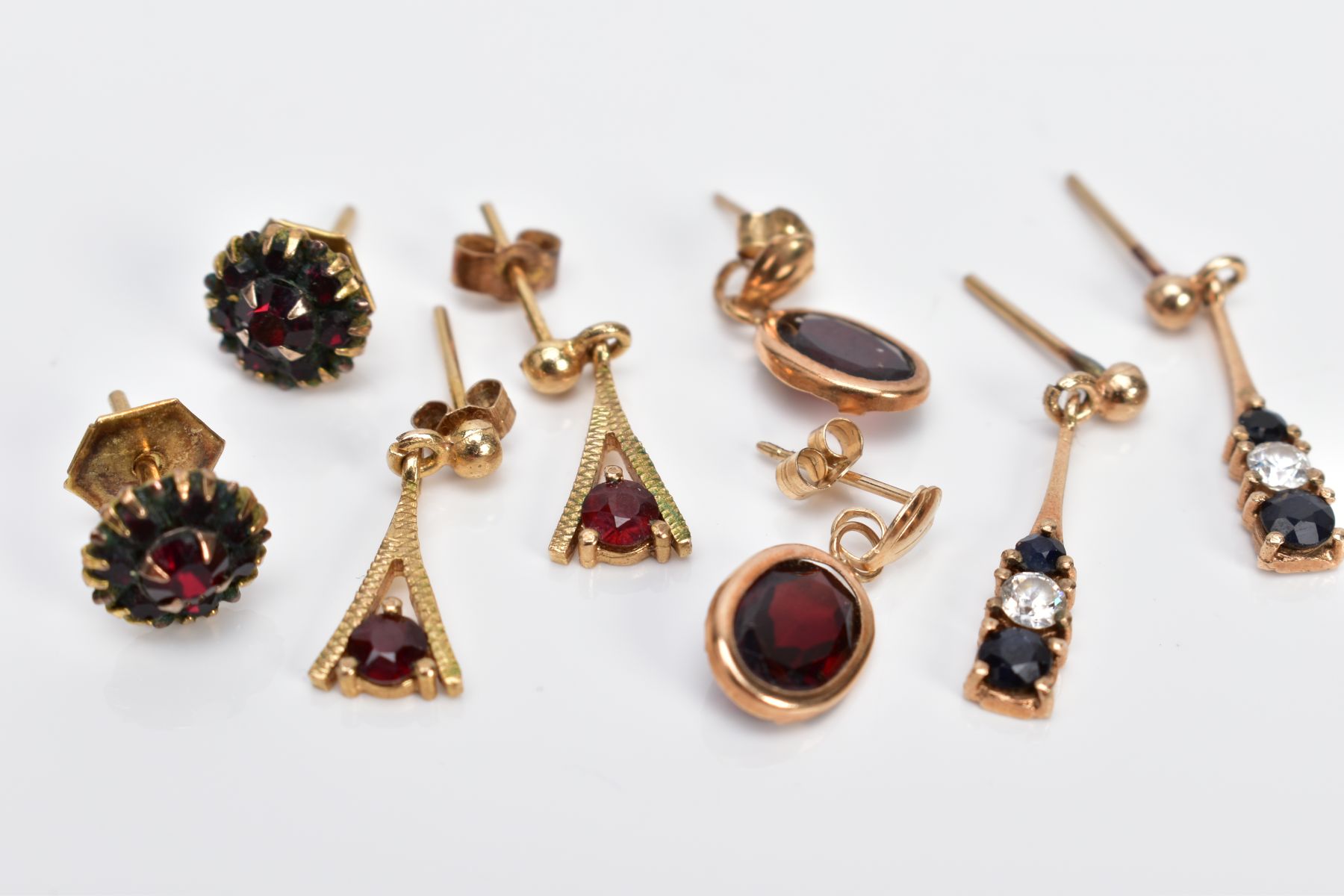 FOUR PAIRS OF GEM SET EARRINGS, the first a pair of 9ct gold cluster earrings set with circular - Image 2 of 3