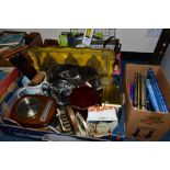 THREE BOXES OF KITCHENALIA, ROYAL AIR FORCE BOOKS, BINOCULARS ETC, including a Comitti of London