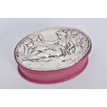 A SILVER LIDDED PINK BOX, of oval form, depicting a lady holding a mirror scene to the silver