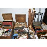 FOUR BOXES AND LOOSE ARTISTS MATERIALS AND EQUIPMENT, including palettes, folding easels, paints,