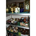 FOUR BOXES AND LOOSE CERAMICS, ETC, including a Barbola style mirror of cheval form, assorted mantel