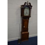 A GEORGE III OAK, MAHOGANY CROSSBANDED AND MARQUETRY STRUNG EIGHT DAY LONGCASE CLOCK, the hood