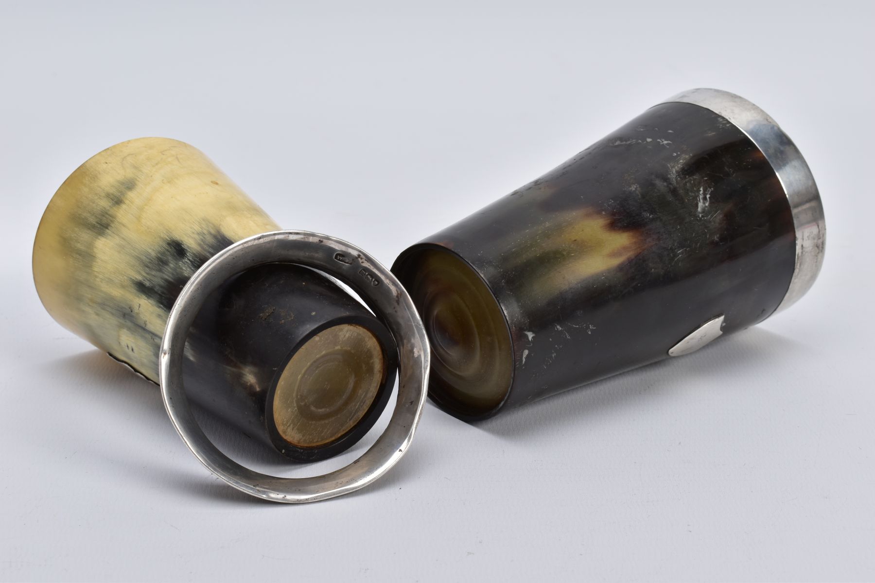 TWO HORN BEAKERS, the first of brown and cream colour, with a silver vacant cartouche to the front - Image 4 of 4