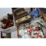 THREE BOXES OF CERAMICS, TREEN, PICTURES, VICTORIAN FAMILY BIBLES, EMBROIDERED FIRE SCREEN AND A