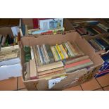 FIVE BOXES OF BOOKS, including Children's stories, Enid Blyton, Rupert, Penguin, Scores (Bach,