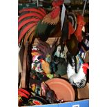 A BOX OF ASSORTED WOODEN, METAL AND CERAMIC POULTRY DECORATED FIGURES, including a cockerel