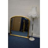 A LARGE MODERN GILT OVERMANTEL MIRROR, 125cm x 120cm together with an onyx and brass standard lamp
