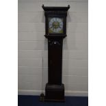 A GEORGE II MAHOGANY EIGHT DAY LONGCASE CLOCK, the hood with foliate carving 3/4 Corinthian