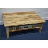 A MODERN MANGO WOOD COFFEE TABLE, with a single drawer, width 120cm x depth 81cm x height 45cm