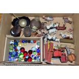 A QUANTITY OF ASSORTED TOYS AND METALWARE, to include Charbens Donkey carts, another donkey cart,