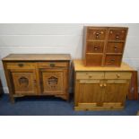 A PAIR OF OAK FINISH THREE DRAWER BEDSIDE CABINETS (sd and losses) together with a pine two door