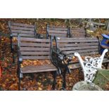 A SELECTION OF CAST IRON ENDED GARDEN FURNITURE, including a bench with hardwood slats, 128cm