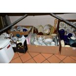 FIVE BOXES OF CERAMICS AND A WOODEN CUTLERY TRAY AND WHITE ENAMEL BREAD BIN, including a twin