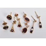 FOUR PAIRS OF GEM SET EARRINGS, the first a pair of 9ct gold cluster earrings set with circular