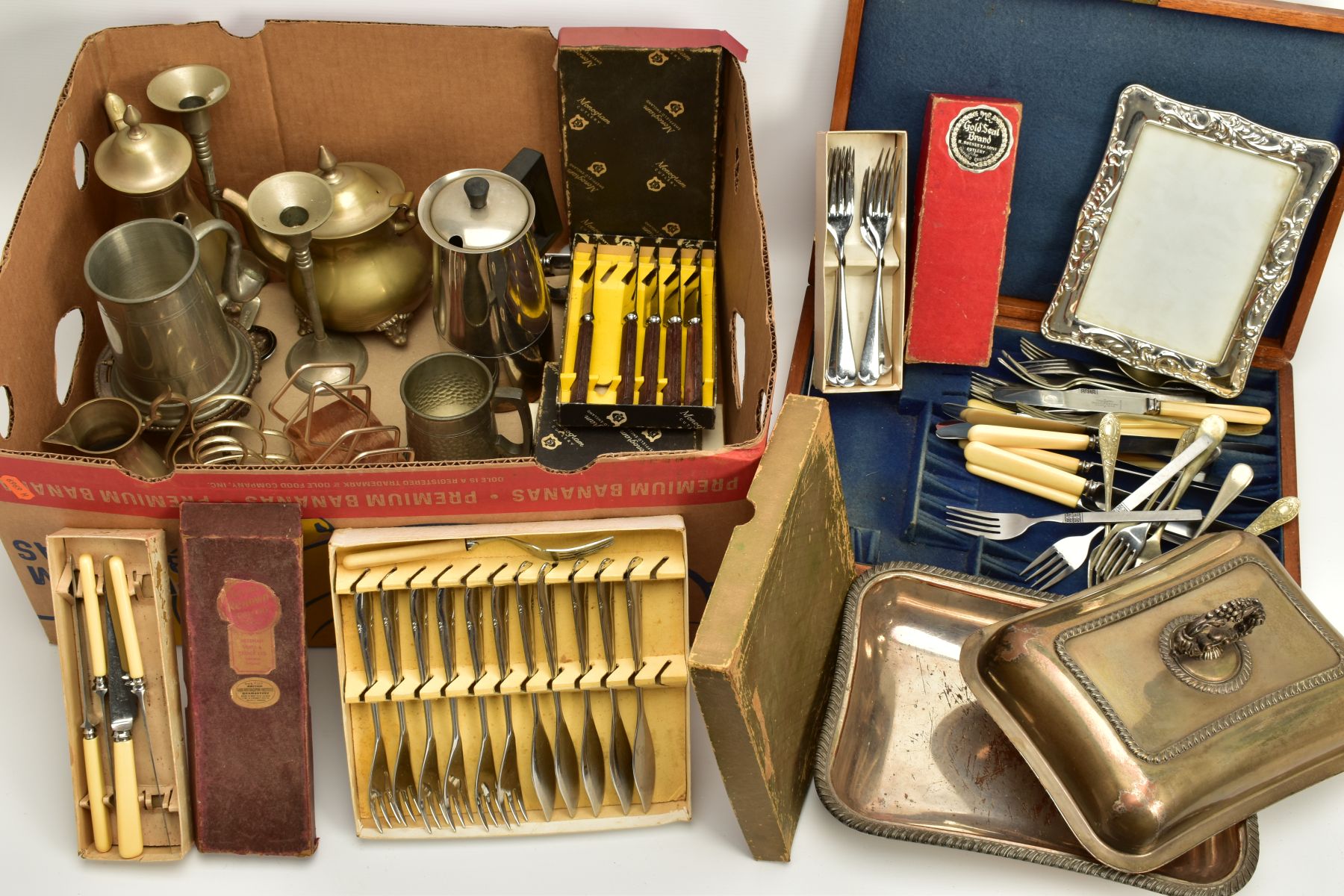 A SELECTION OF METALWARE, to include a white metal lidded entree dish, a pewter beer jug with pipe