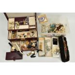 A BOX OF COSTUME JEWELLERY AND A BURGUNDY JEWELLERY BOX WITH CONTENTS, to include a yellow metal