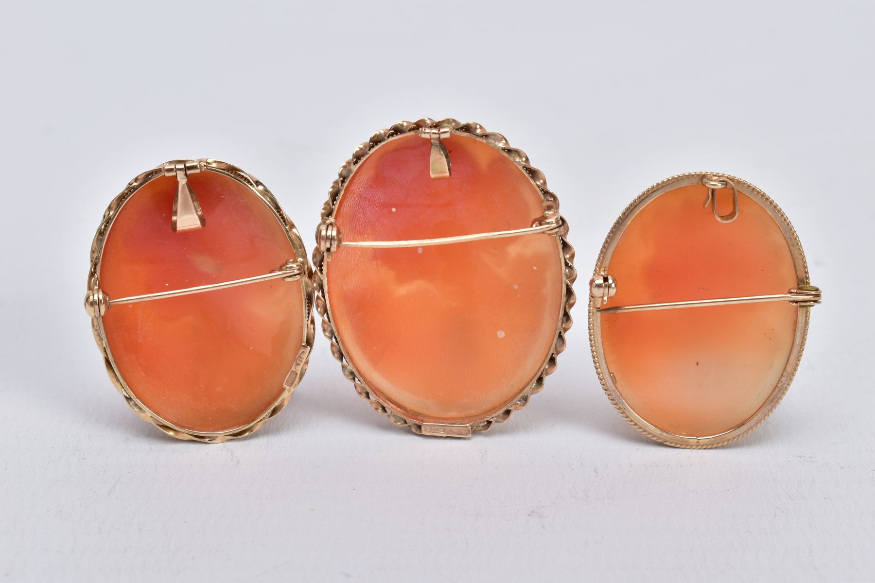 THREE 9CT GOLD CAMEO SHELL BROOCHES, each designed with women in profile within collet mounts, - Image 2 of 2