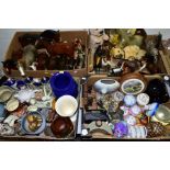 FOUR BOXES OF MISCELLANEOUS CERAMICS AND FIGURES, including horses, dogs, dressing table pots, two