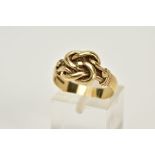 A 9CT GOLD KNOT RING, with a plain polished wide band, hallmarked 9ct gold London, ring size O,