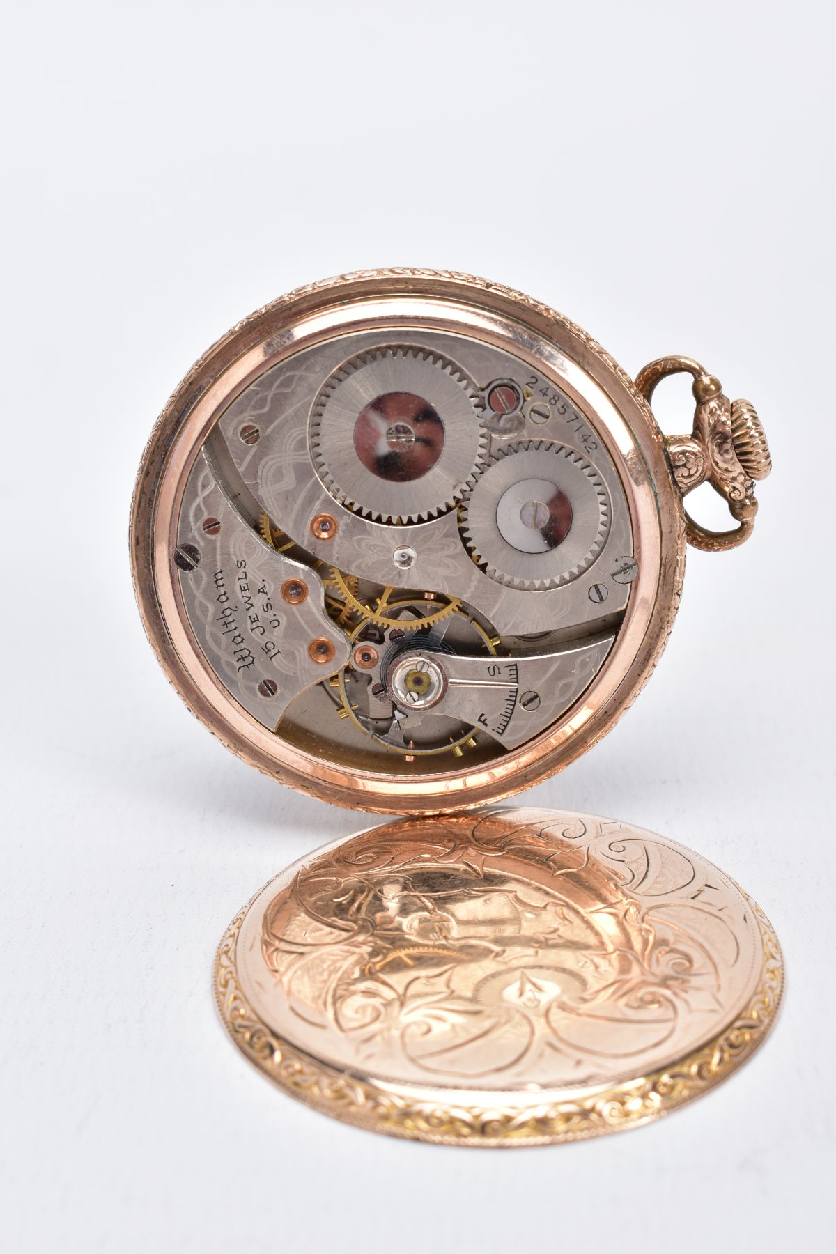 AN OPEN-FACED WALTHAM POCKET WATCH, silver stripped design dial, Arabic numerals, blue hands, - Image 4 of 4