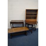 AN EDWARDIAN MAHOGANY RECTANGULAR TABLE, together with a Priory oak coffee table, oak gate leg table