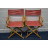 TWO BEECH FRAMED FOLDING DIRECTORS CHAIRS, with red fabric (sd to fabric)
