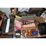 TWO BOXES OF MISCELLANEOUS ITEMS AND LOOSE to include a Walker & Hall Ltd inlaid mantel clock, three