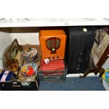 TWO BOXES OF CERAMICS, METALWARES, BOOKS, SUITCASE, FIRE SCREEN, ETC, including a set of four