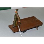 A TIPP & CO TINPLATE CLOCKWORK STATION LUGGAGE TROLLEY, playworn condition, missing trunk, driver