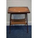 A SMALL EDWARDIAN MAHOGANY AND OVAL SATINWOOD INLAID FOLD OVER CARD TABLE, green baize interior,