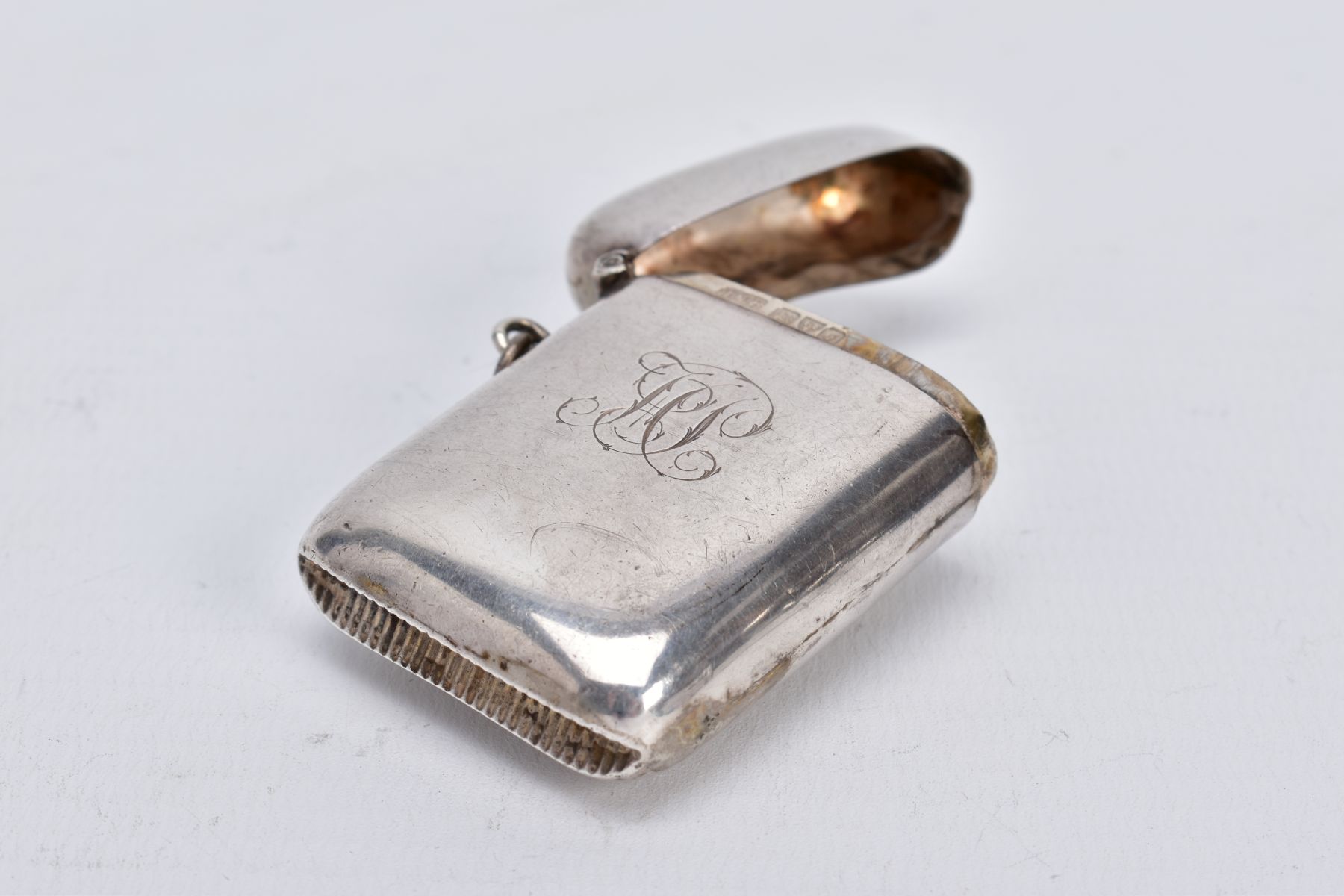 A SILVER VESTA, of a rounded rectangular form, plain polished design with engrave initials to the - Image 3 of 3