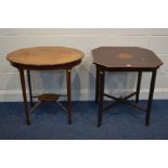 AN EDWARDIAN MAHOGANY SHERATON REVIVAL STYLE OVAL CENTRE TABLE together with another Edwardian