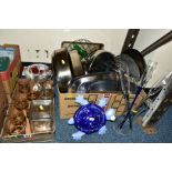 TWO BOXES AND LOOSE GLASSWARE AND COOKWARE, ETC, including a French enamelled cast iron fondue,