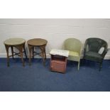 A PAIR OF CIRCULAR LLOYD LOOM GILT OCCASIONAL TABLES, one with a glass top, diameter 56cm x height