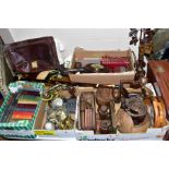 FIVE BOXES AND LOOSE BOOKS, METALWARES, TREEN, etc, including a brown leather effect suitcase, a
