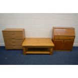 A 1980'S TEAK BUREAU, with a single drawer, together with a chest of five long drawers and a pine