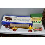 A BOXED CHARBENS HORSE DRAWN LOG WAGON, yellow adjustable wagon with red wheels, some cracking and