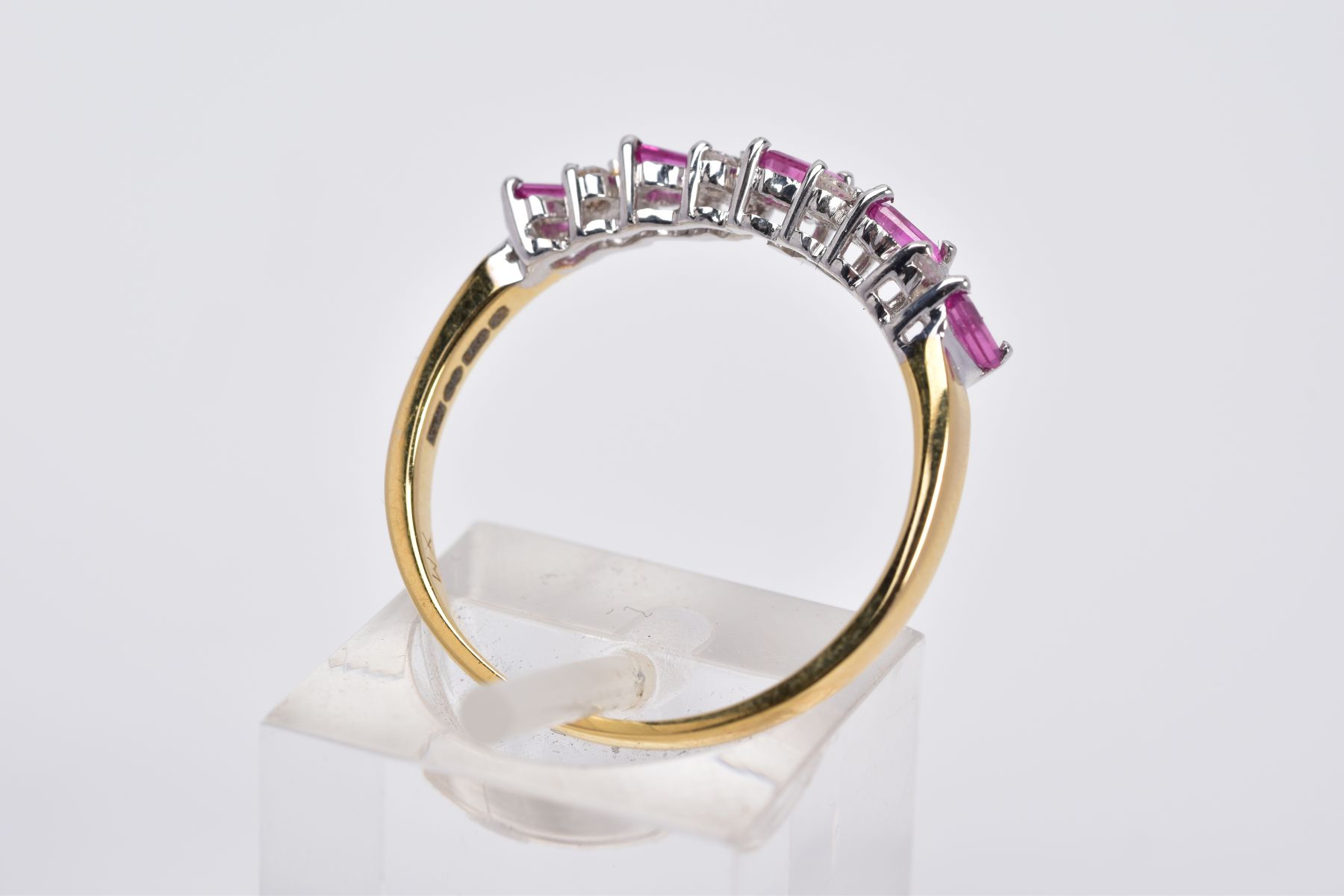 AN 18CT GOLD RUBY AND DIAMOND HALF HOOP RING, designed with a row of titled rectangular cut - Image 3 of 4