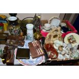 TWO BOXES AND LOOSE CERAMICS, PRINTS, GLASSWARE, METALWARE, CASED AND BOXED CUTLERY, ETC,