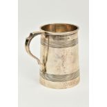 A SILVER TANKARD BEER JUG, designed with a lined pattern body, scroll handle, hallmarked