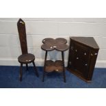 A CARVED OAK FOUR CLOVER TOPPED OCCASIONAL TABLE, together with an oak spinning stool and a