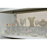 A QUANTITY OF CUT GLASS, including a set of four Waterford Crystal brandy glasses, a Galway candle