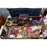 A BOX OF COLLECTABLES, including cast iron fire plaque, miscellaneous trade and cigarette cards, a