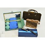 TWO EVENING BAGS, A CASED COSMETIC SET AND A WATERMAN PEN, to include a ladies brown outer covered