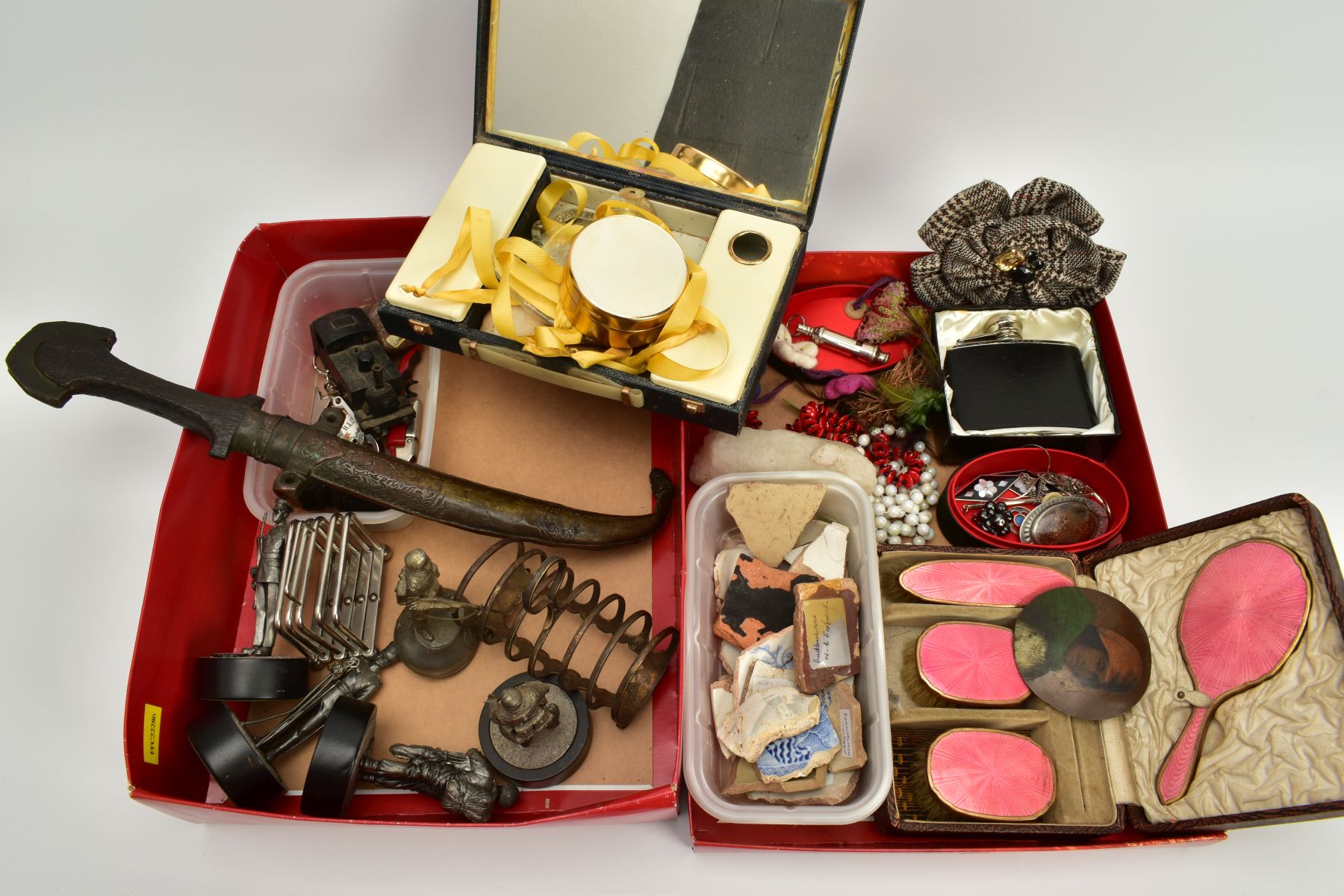 TWO BOXES OF ITEMS, to include five 'Barton Miniatures' Military figures, a brown cased set of three