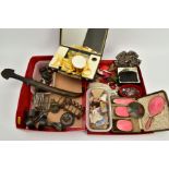 TWO BOXES OF ITEMS, to include five 'Barton Miniatures' Military figures, a brown cased set of three