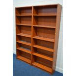 TWO MODERN CHERRYWOOD OPEN BOOKCASES, with adjustable shelves, width 80cm x depth 28cm x height