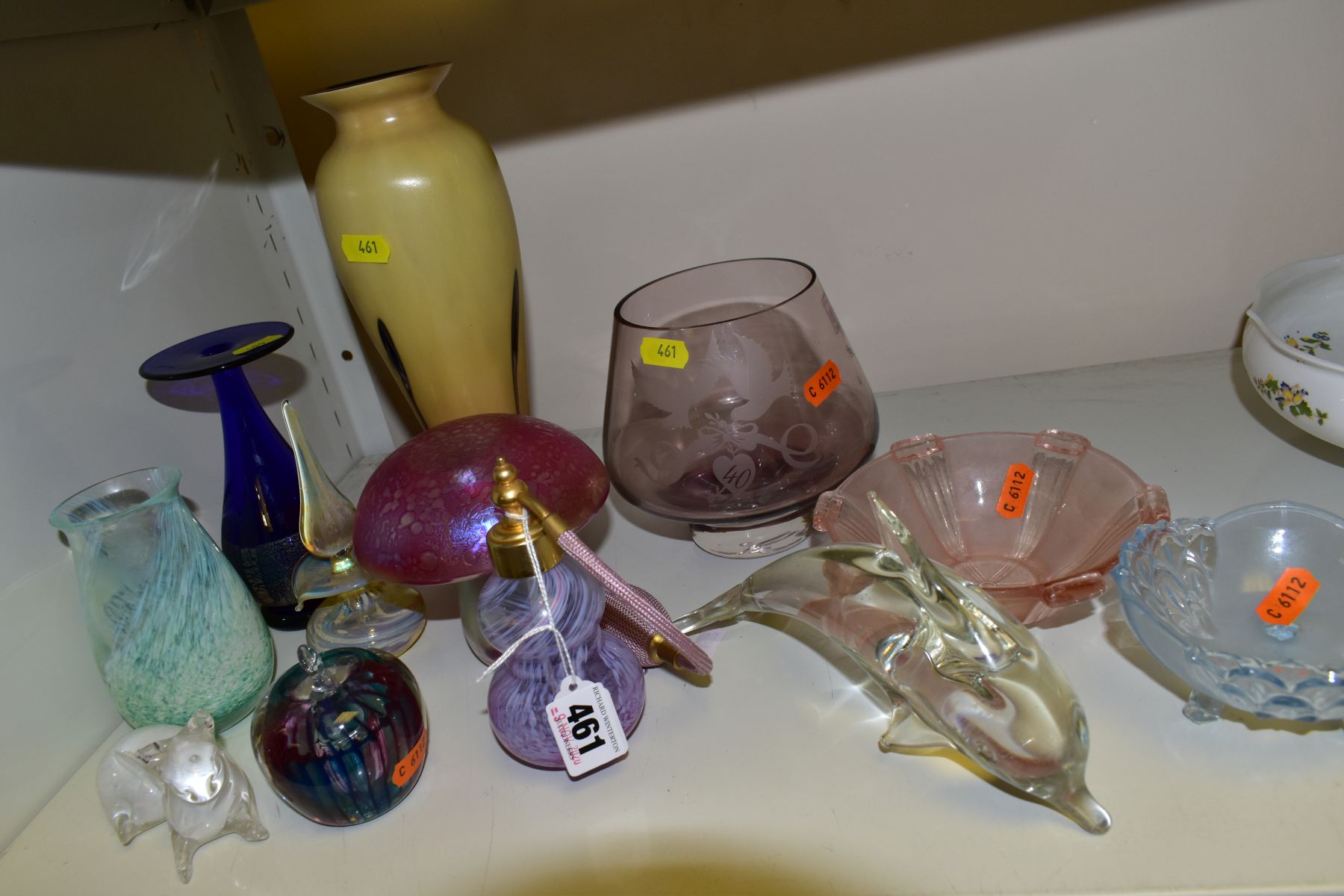 A SMALL GROUP OF COLOURED GLASSWARE, including a Swedish 'Grana Glas' cat, (sd to tail), an Adrian