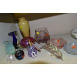 A SMALL GROUP OF COLOURED GLASSWARE, including a Swedish 'Grana Glas' cat, (sd to tail), an Adrian